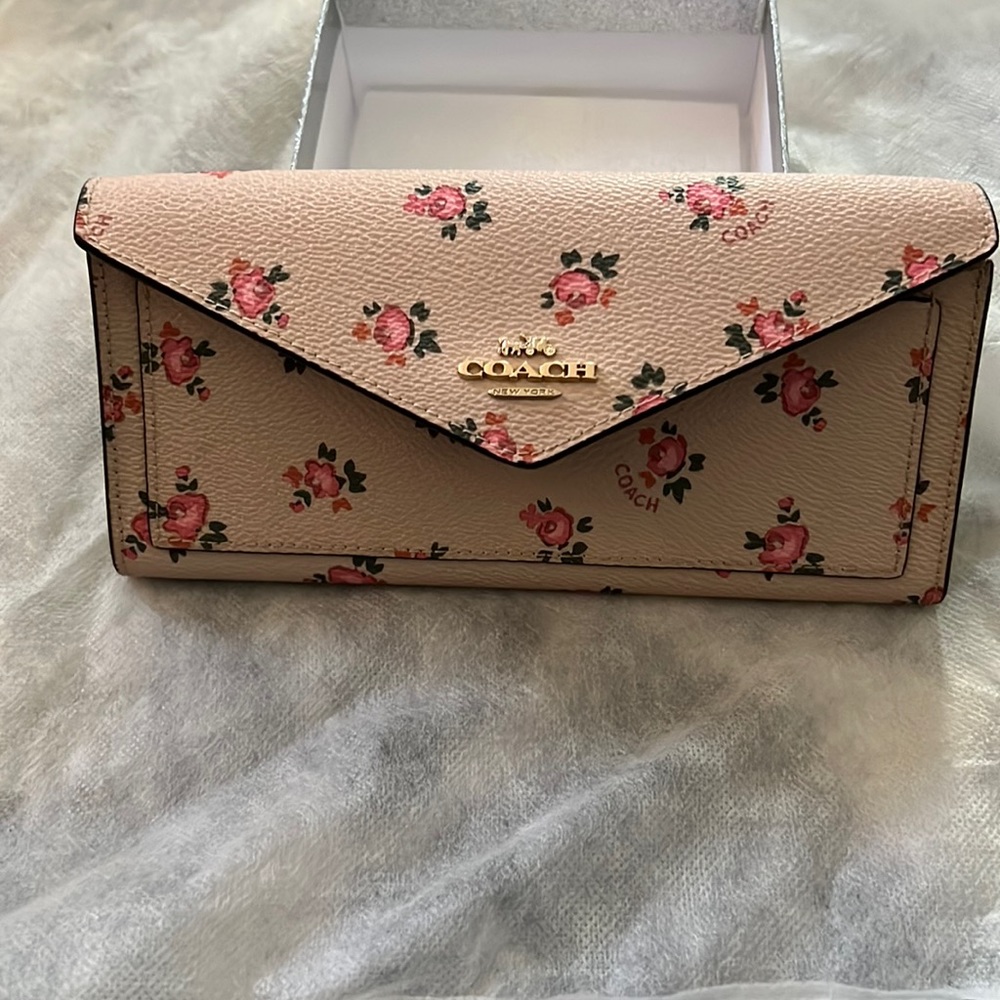 Coach authentic 27280 floral bloom soft wallet clutch, snap slim envelop style